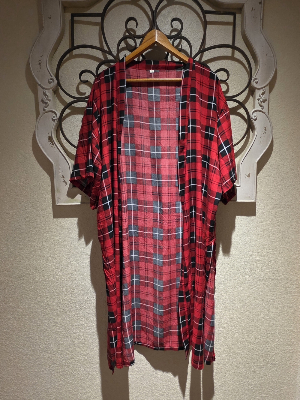 Red Plaid Open Front Kimono OS